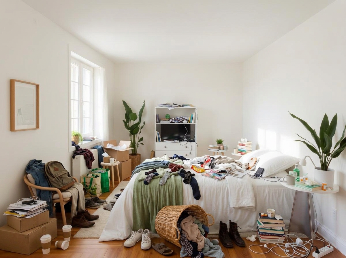 Vorher: unaufgeräumtes Zimmer mit Kartons und Wäsche